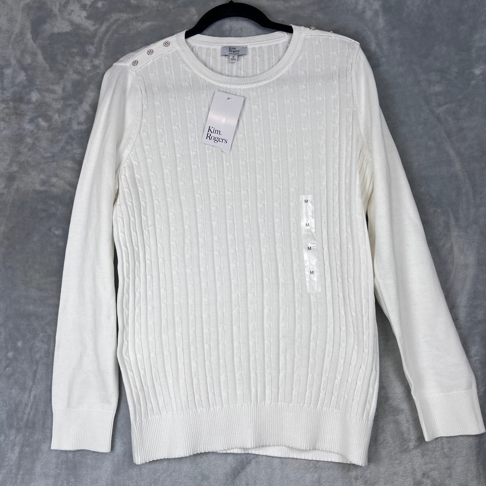 Kim Rogers Womens Sweater White Cable Knit Button Shoulder Long Sleeve Size M
